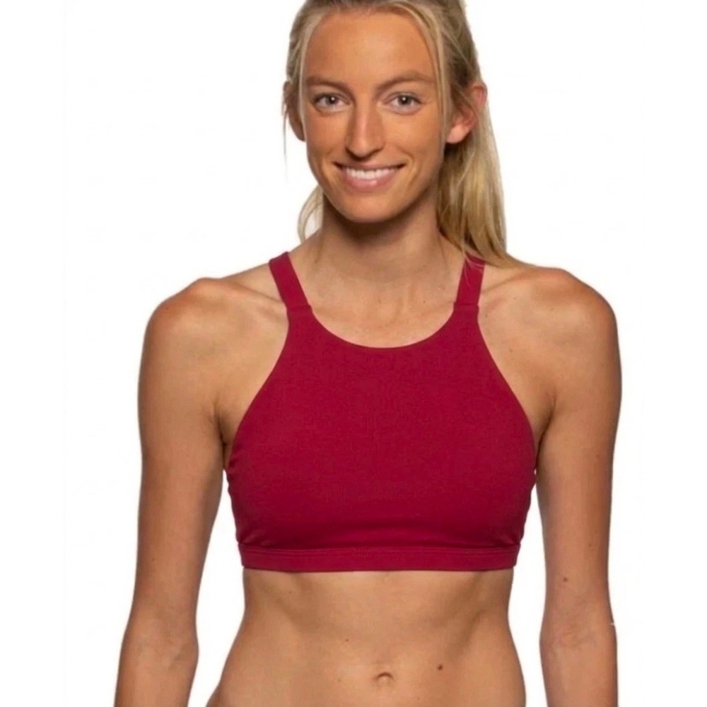Jolyn Kaylee Red Sports Bra Bikini Top Medium High Neck Cross Back UPF 50+